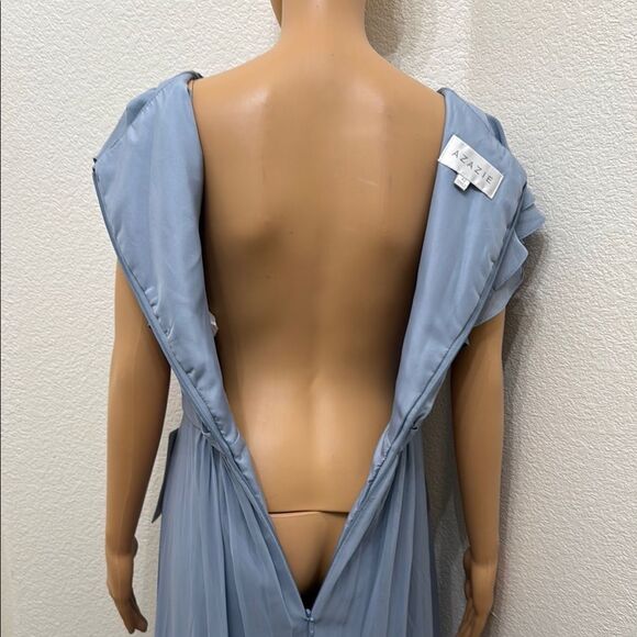 Azazie Blue Dress Maxi Scoop Neck Sheer Flutter Short Sleeve Maxi Dress Wedding - Picture 9 of 17